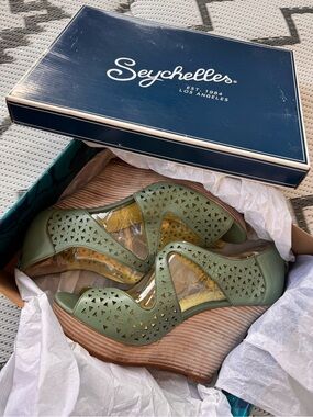 Seychelles Olive Green Laser-Cut Wedge Sandals